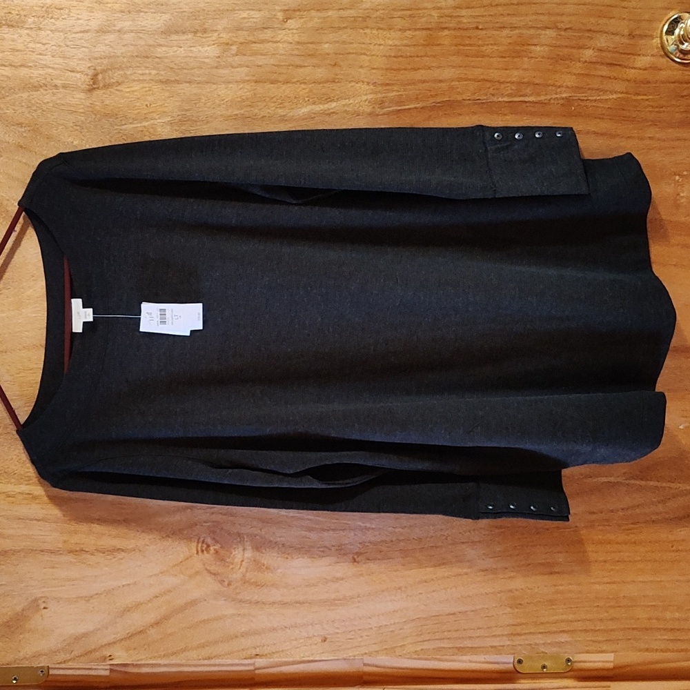 NWT J.Jill Waffle Knit Thermal Top Dark Charcoal Boat Neck Button Cuff Size LT - Picture 2 of 13